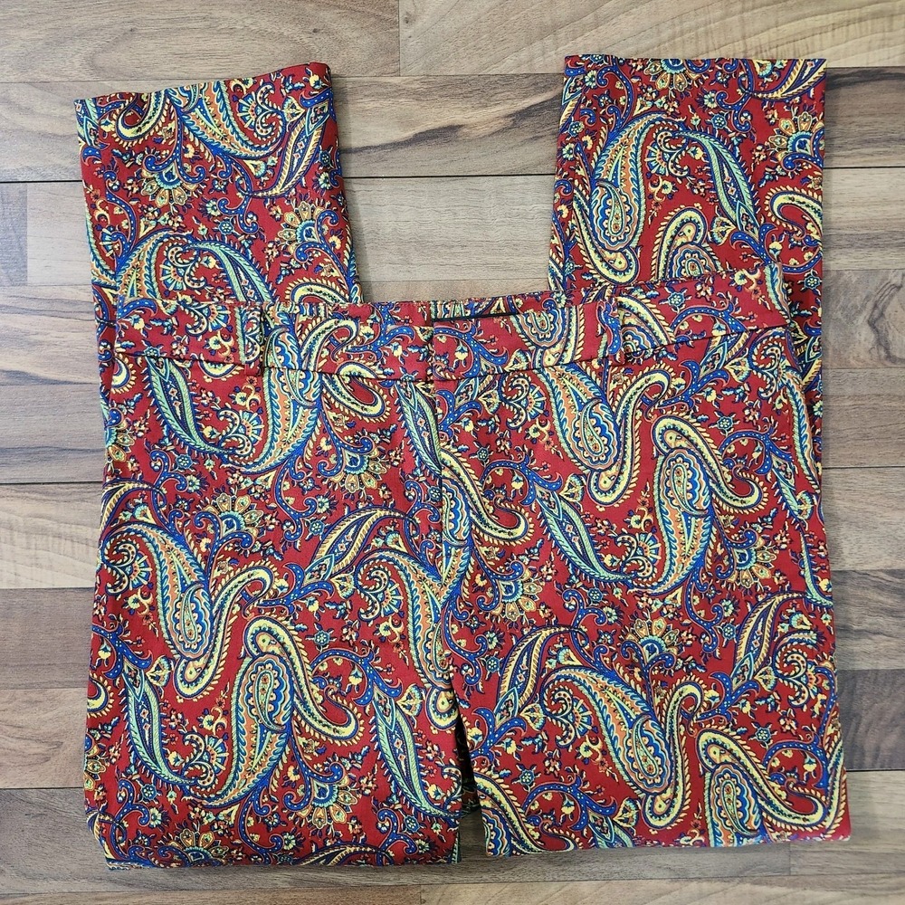Ralph Lauren Pants Stretch Cotton Red Paisley Mid Rise Straight Leg Sz 12P Euc